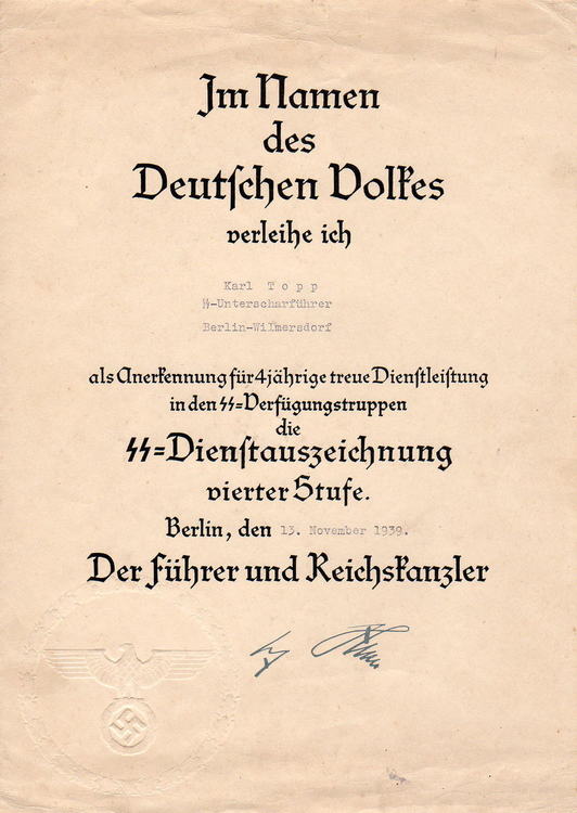 153 SS Long Service Medal - 4 Years Service - Citation - Topp Karl – SS-Unterscharführer – 13 November 1939..jpg