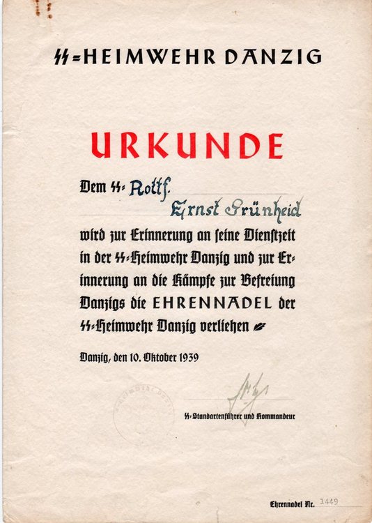 Pin of Honour of the SS-Heimwehr Danzig citation No  1449 - Grünheid Ernst – SS-Sturmmann - LR.jpg