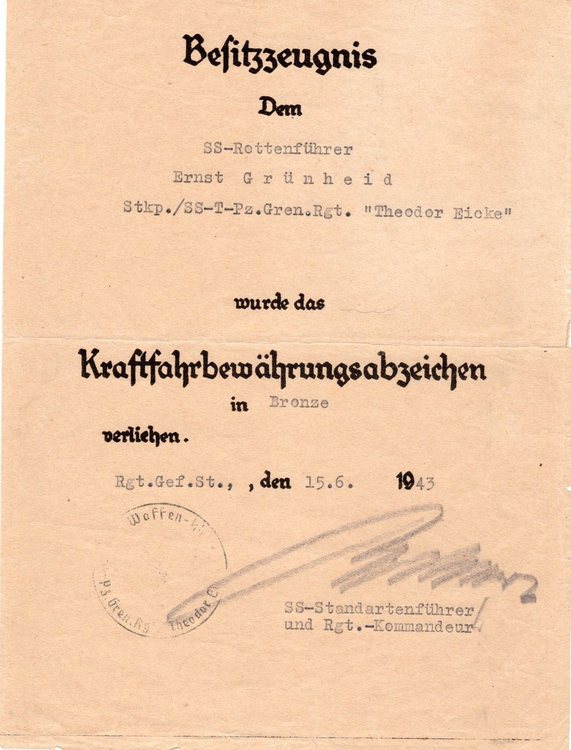Citation - Motor Vehicle Drivers Badge of Merit - Bronze - Grünheid Ernst – SS-Sturmmann - LR.jpg