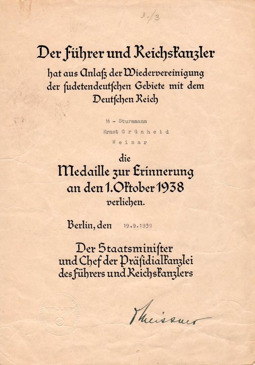 Citation - Commemorative Medal of 1 October 1938 - Grünheid Ernst – SS-Sturmmann - LR.jpg
