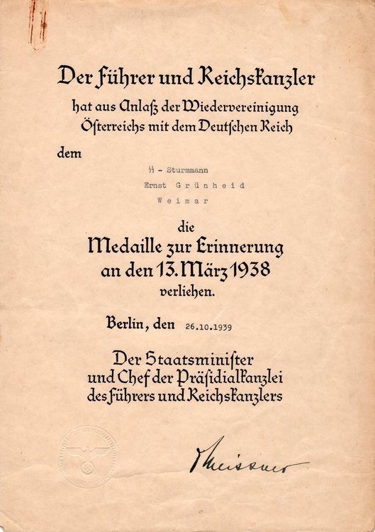 Citation - Commemorative Medal of 13 March 1938 - Grünheid Ernst – SS-Sturmmann - LR.jpg