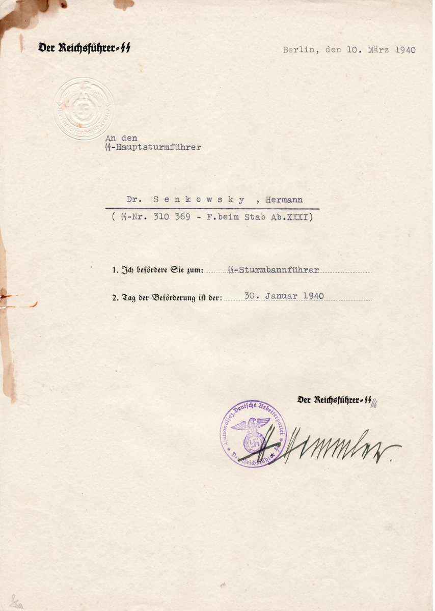 Senkowsky Hermann Dr. SSStandarten führer promotion doc Documents