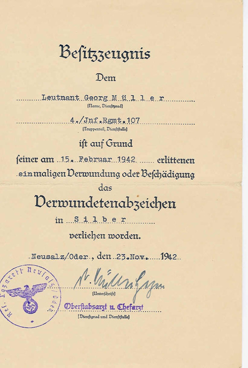 Wound Badge 1939 - Silver - Citation   - Müller Georg.jpg