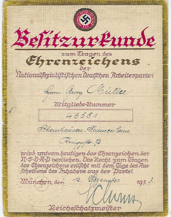 Golden Party Badge - No 46581 - Citation - Obverse - Müller Georg.jpg