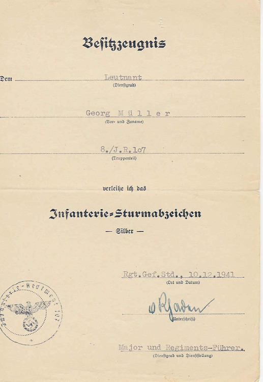 Infantry Assault Badge citation - Silver - Müller Georg.jpg