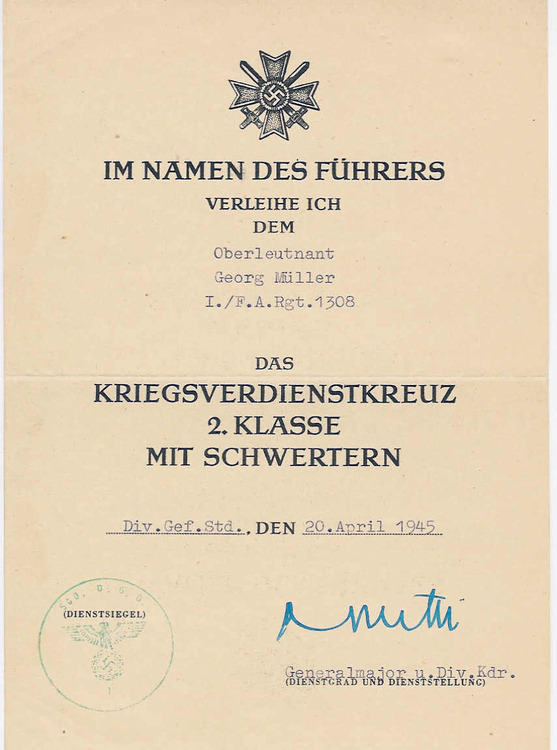KvK 2nd Class with swords - Citation - Müller Georg.jpg