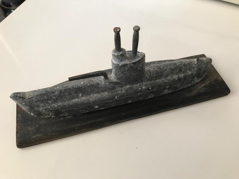 CAST ALUMINIUM SUBMARINE ON WOODEN BASE Junk Shop Treasures